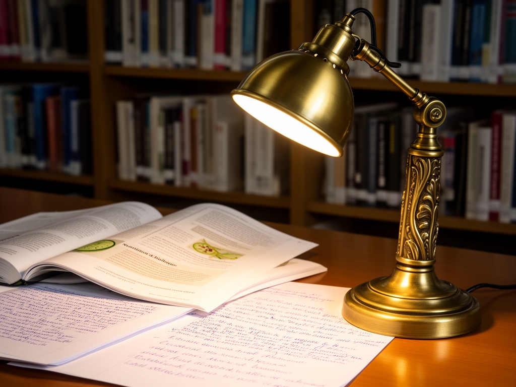 Bureau de bibliothèque académique avec des livres ouverts sur la nutrition et la biologie, des notes manuscrites et une lampe de lecture vintage en laiton, lumière chaude et focalisée créant une atmosphère d'étude approfondie et de rigueur intellectuelle