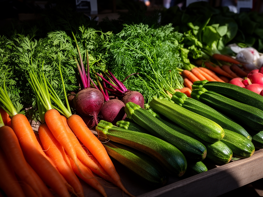 Étalage de légumes frais du marché avec carottes, betteraves, courgettes et herbes aromatiques, lumière naturelle directe créant des ombres prononcées et des couleurs vibrantes