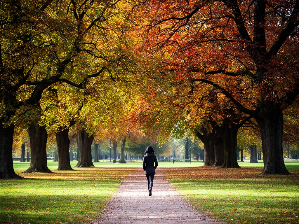 Personne marchant seule sur un sentier à travers un parc avec de grands arbres aux feuilles colorées d'automne, lumière dorée filtrant entre les branches, atmosphère paisible et contemplative