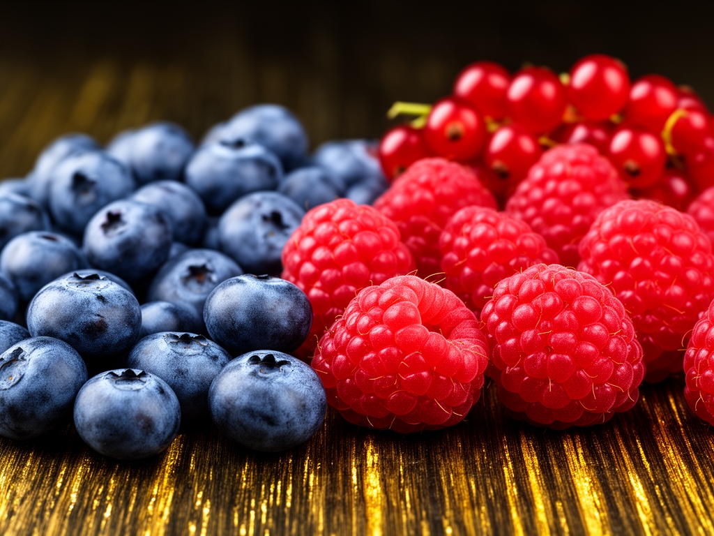 Gros plan sur un assortiment de baies fraîches — myrtilles bleues, framboises rouges et groseilles — sur fond de bois sombre, reflets dorés révélant les textures et la richesse chromatique des fruits
