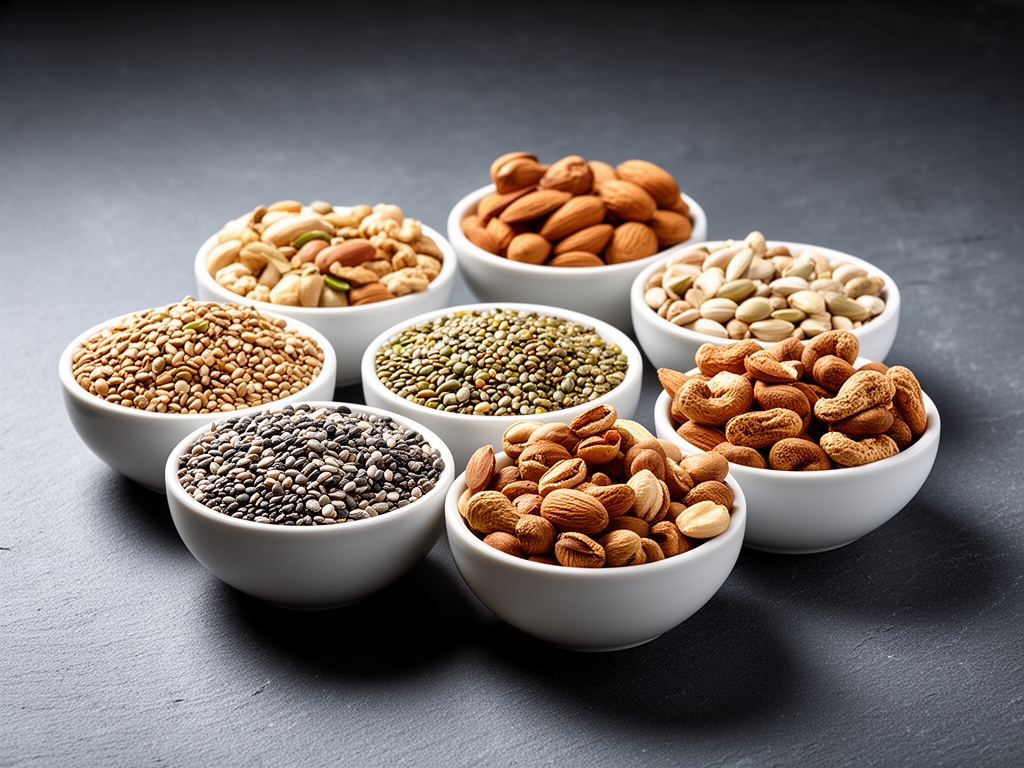 Assortiment de graines et noix variés dans de petits bols en céramique blanche disposés sur une surface en ardoise grise, lumière directionnelle créant des ombres douces sur les textures des aliments